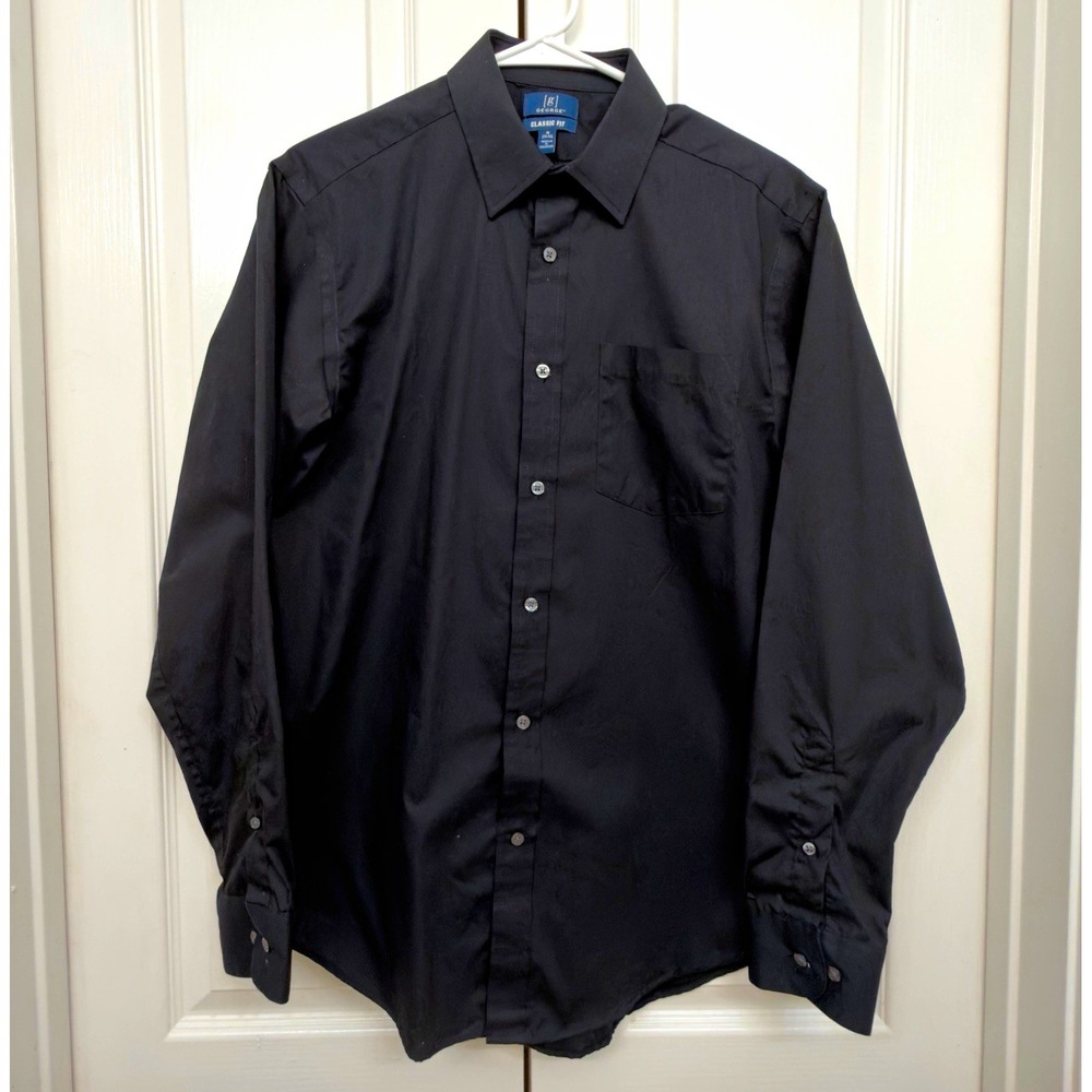 George Men's Black Classic Fit Long Sleeve Dress Shirt Solid Medium 38-40